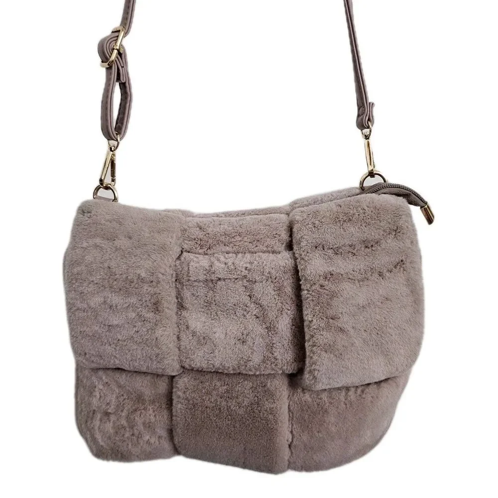 Anthropologie Fuzzy Woven Crossbody Bag Pink Faux‎ Fur Removable Straps Clutch